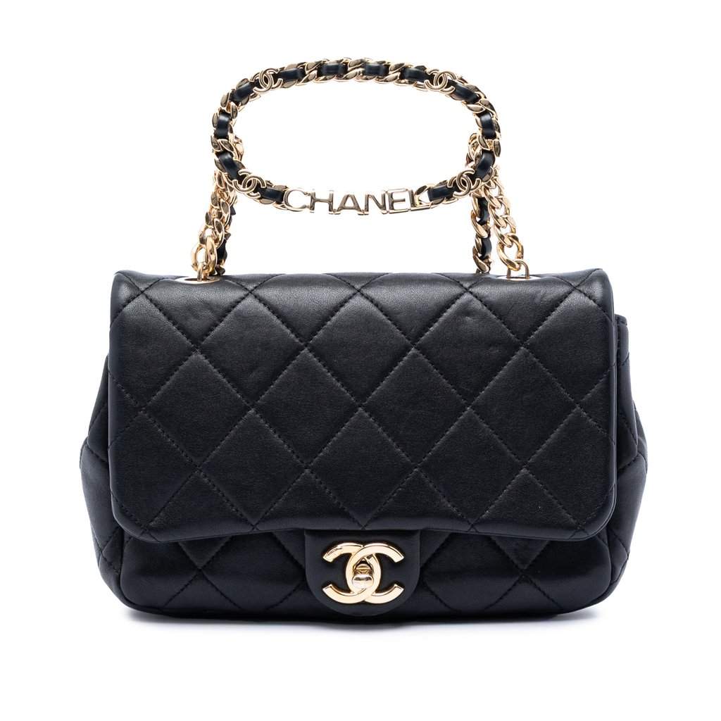 Chanel Small Quilted Lambskin Round Top Handle Flap Black Leather Very good - Front View