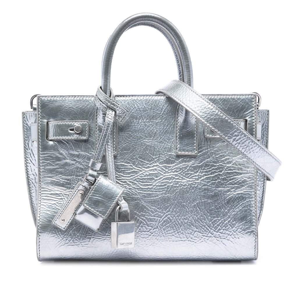Saint Laurent Nano Metallic Crinkled Calfskin Supple Sac De Jour Satchel Silver Leather Very good condition - Front View