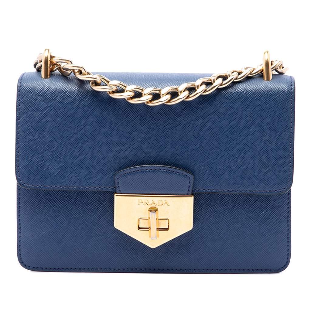 Prada Saffiano Turnlock Chain Crossbody Blue Leather Very good condition - Front View