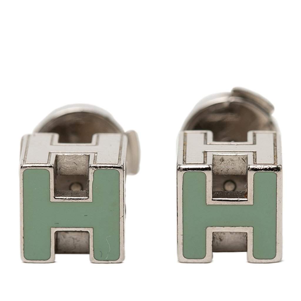 Hermès Palladium Plated Enamel Cage dH Cube Push Back Earrings Green Metal Very good condition - Front View