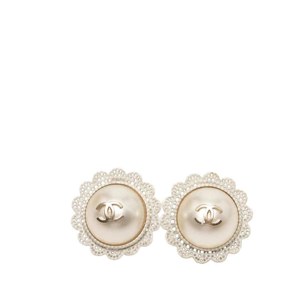 Chanel CC Gold Plated Faux Pearl Lace Push Back Earrings Gold Metal Very good - Front View
