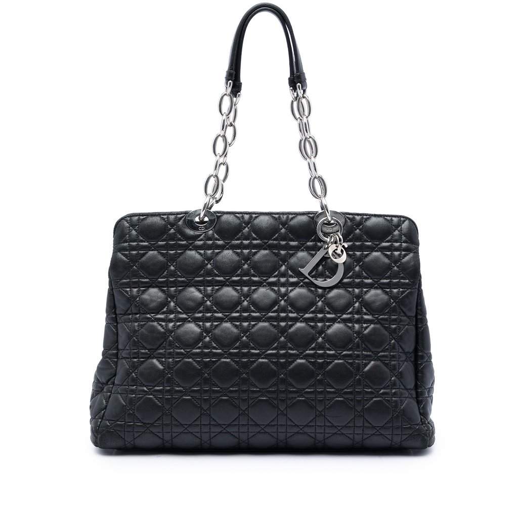 Dior Large Lambskin Cannage Soft Zipped Lady Dior Shopping Tote Black Leather Very good condition - Front View