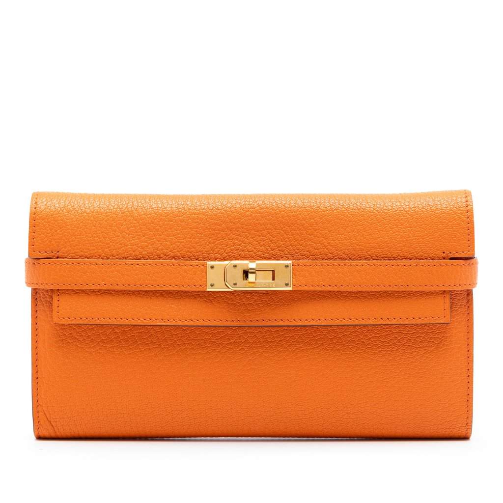 Hermès Chevre Mysore Kelly Longue Wallet Orange Leather Very good condition - Front View