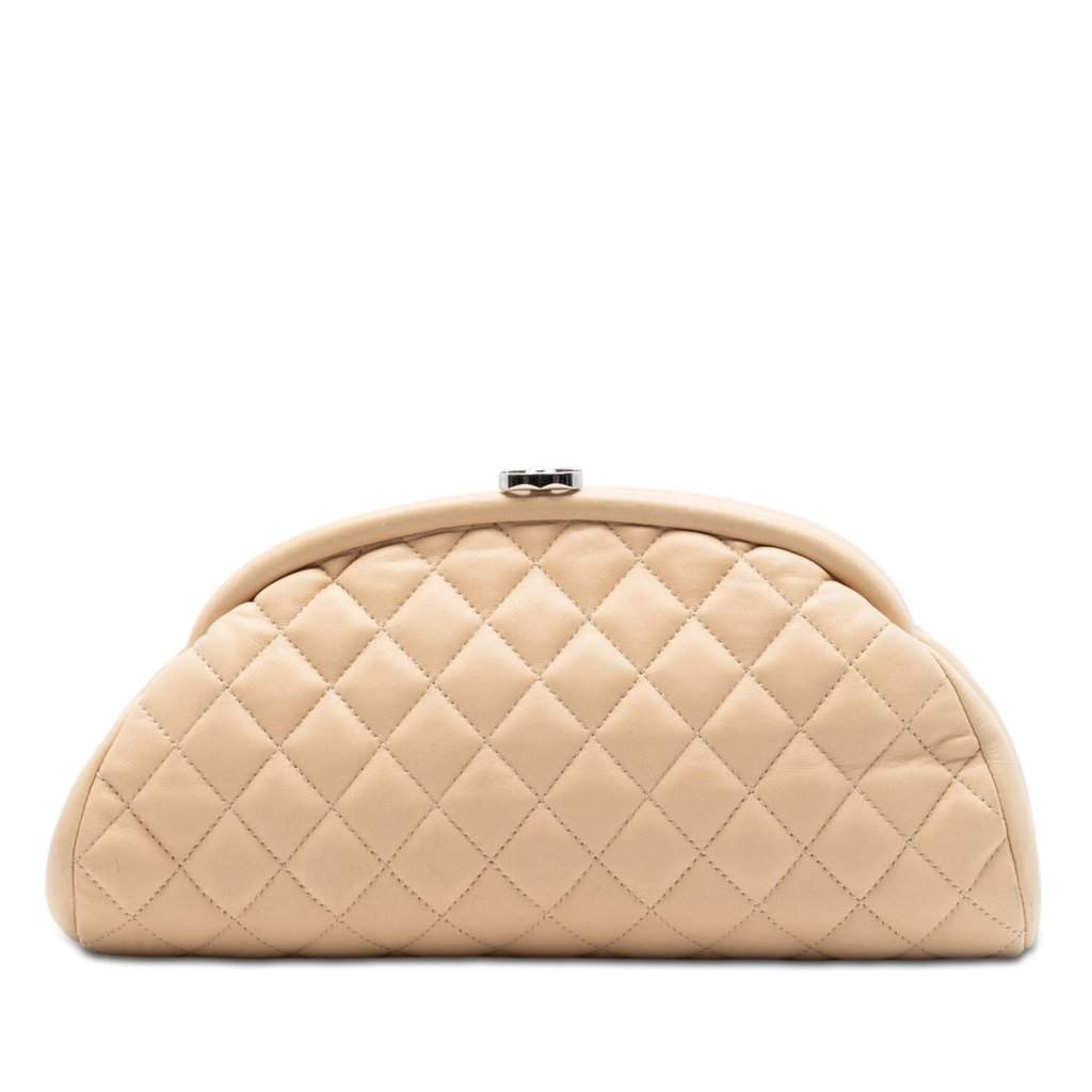 Chanel Quilted Lambskin Timeless Kisslock Clutch Beige Leather Very good condition - Front View