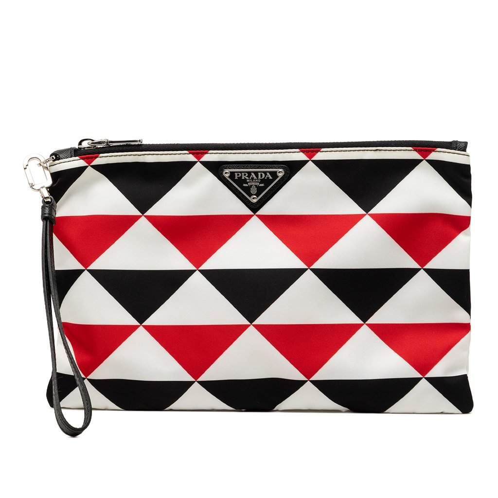 Prada Nylon Geometric Triangle Pattern Flat Clutch White Very good condition - Front View