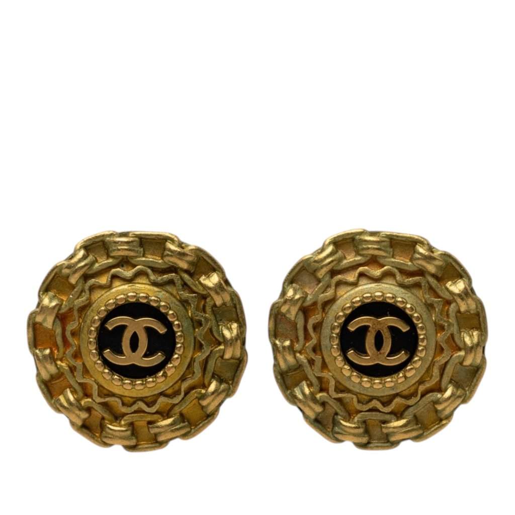 Chanel CC Gold Plated Resin Chain Round Clip On Earrings Gold Metal Very good - Front View