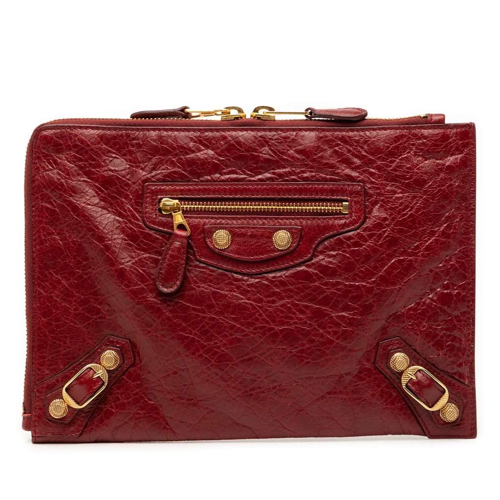 Balenciaga Lambskin Motocross Giant 12 Zip Around Flat Clutch Red Leather Very good - Front View