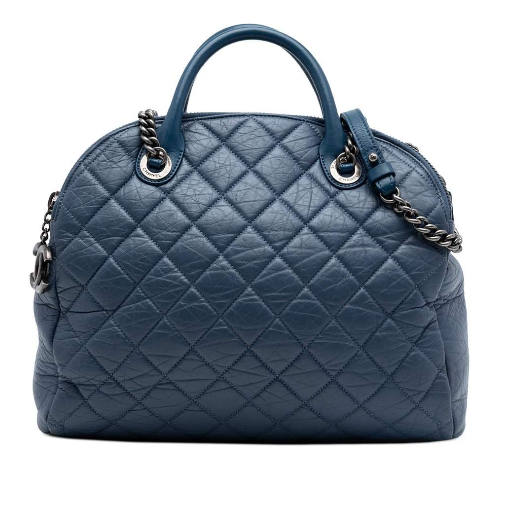 Chanel CC Quilted Aged Calfskin Bowling Bag Blue Leather Very good condition - Front View