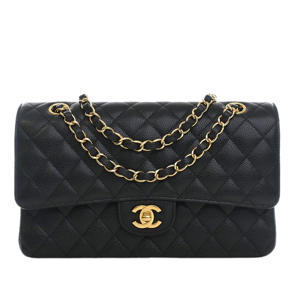 Chanel Medium Classic Caviar Double Flap Black Leather Very good - Front View