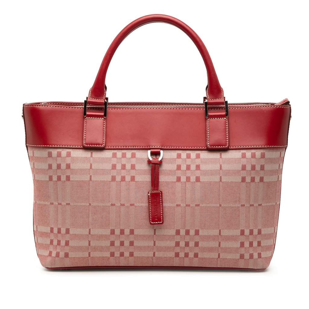 Burberry Leather Trimmed Tonal Check Canvas Handbag Red Very good condition - Front View