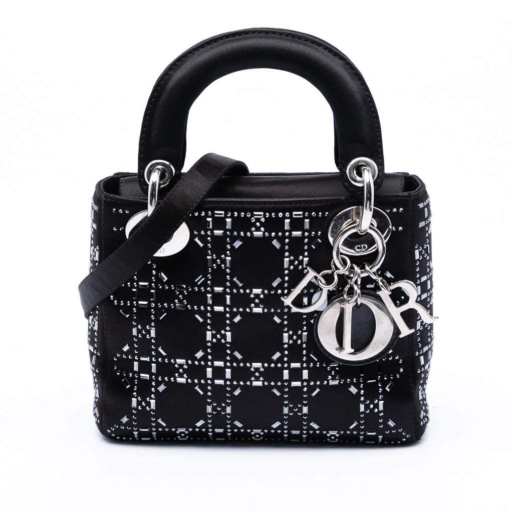 Dior Mini Satin Cannage Strass Crystal Embellished Lady Dior Black Very good condition - Front View