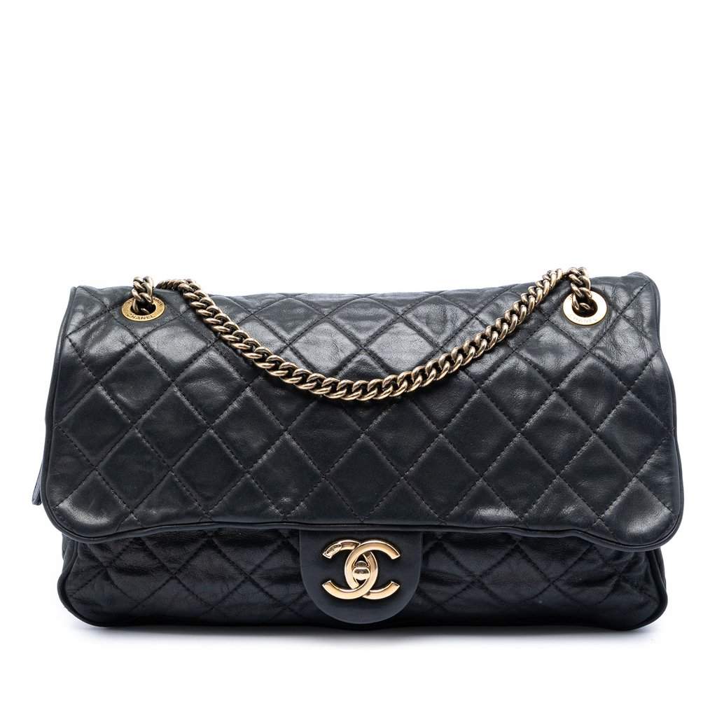 Chanel Large Quilted Iridescent Calfskin Shiva Flap Black Leather Very good condition - Front View
