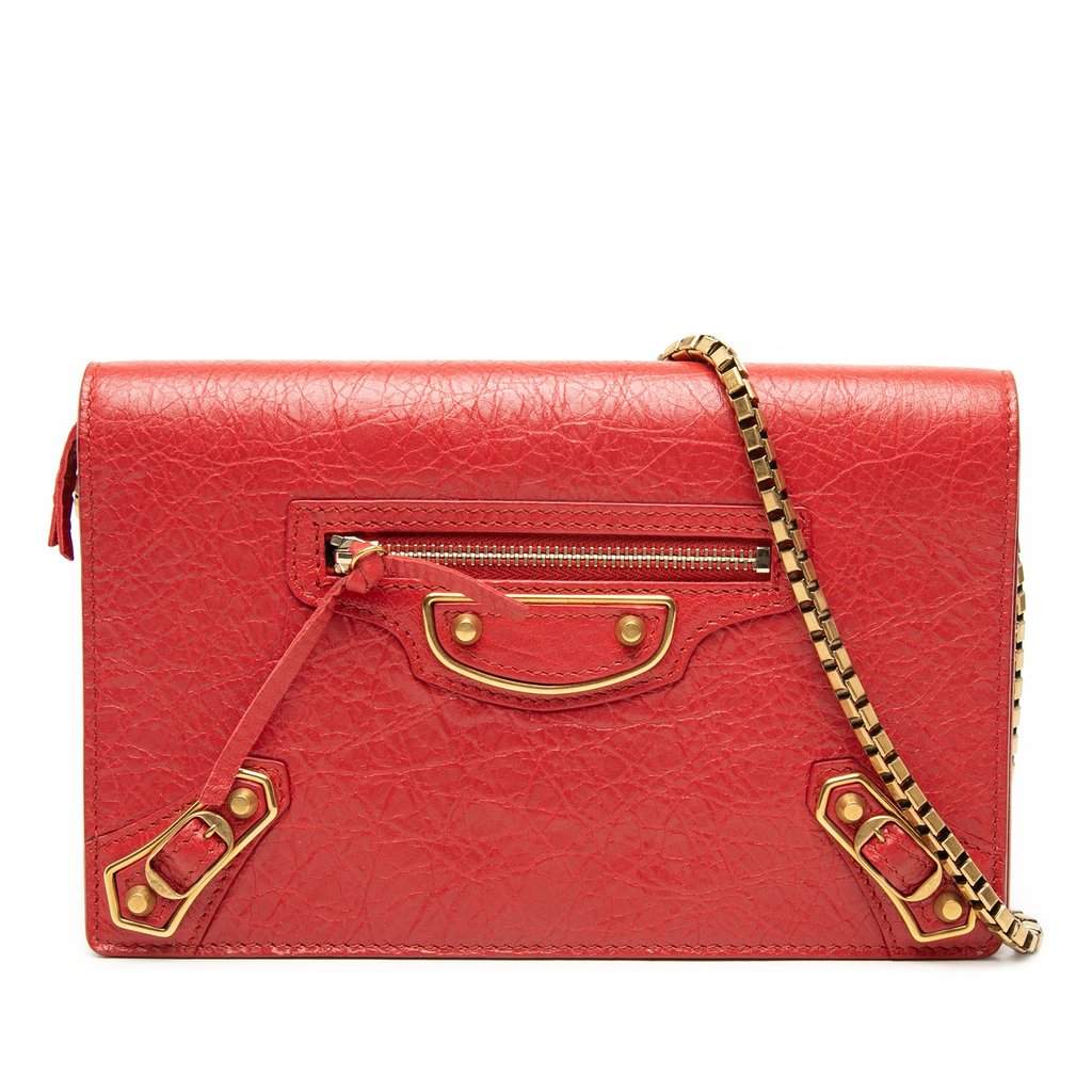 Balenciaga Chevre Motocross Metallic Edge Wallet on Chain Red Leather Very good - Front View