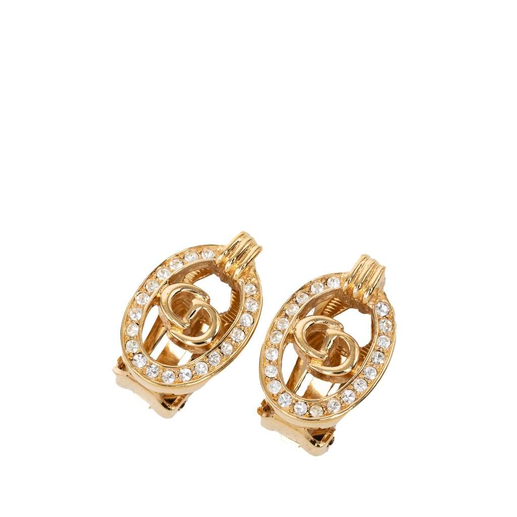 Dior Gold Plated Strass CD Logo Clip On Earrings Gold Metal Very good condition - Front View