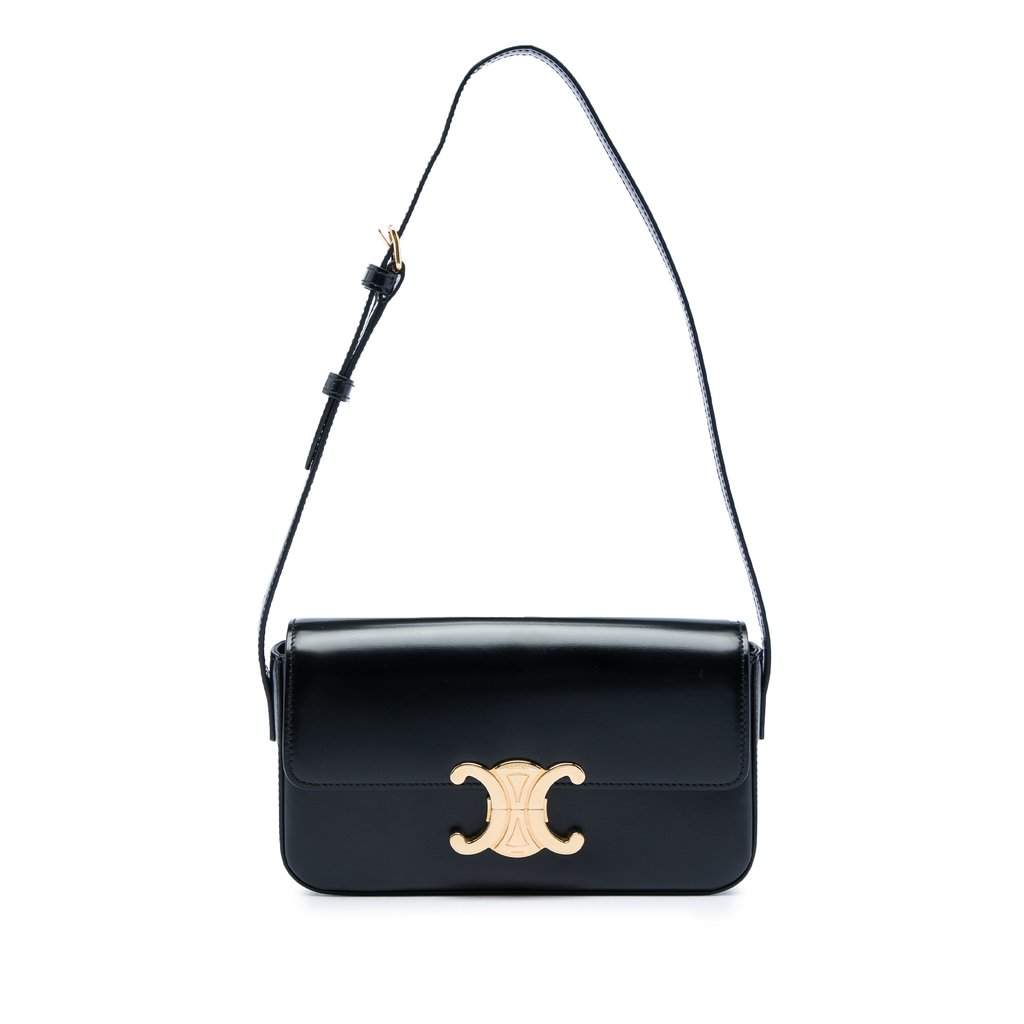 Celine Shiny Calfskin Triomphe Claude Shoulder Bag Black Leather Very good condition - Front View