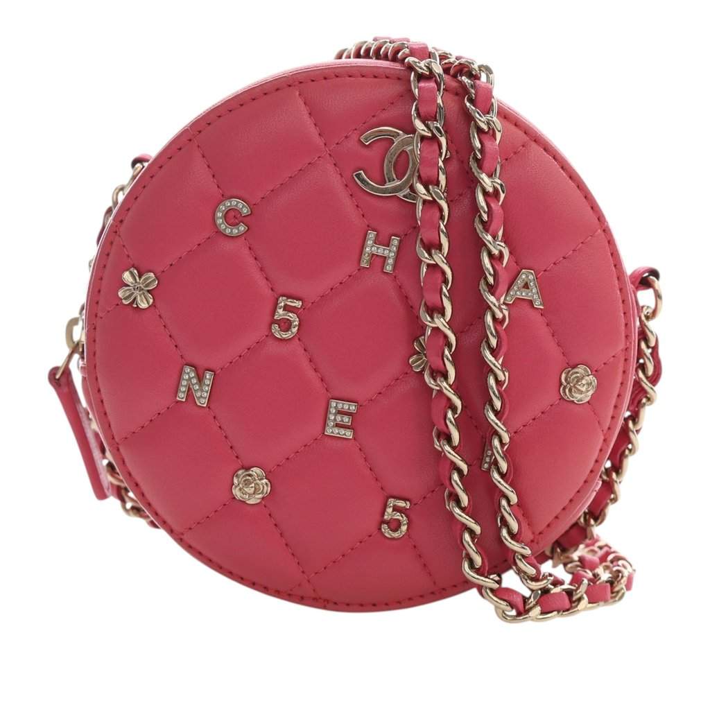 Chanel CC Quilted Lambskin Lucky Charms Round Clutch with Chain Pink Leather Very good - Front View