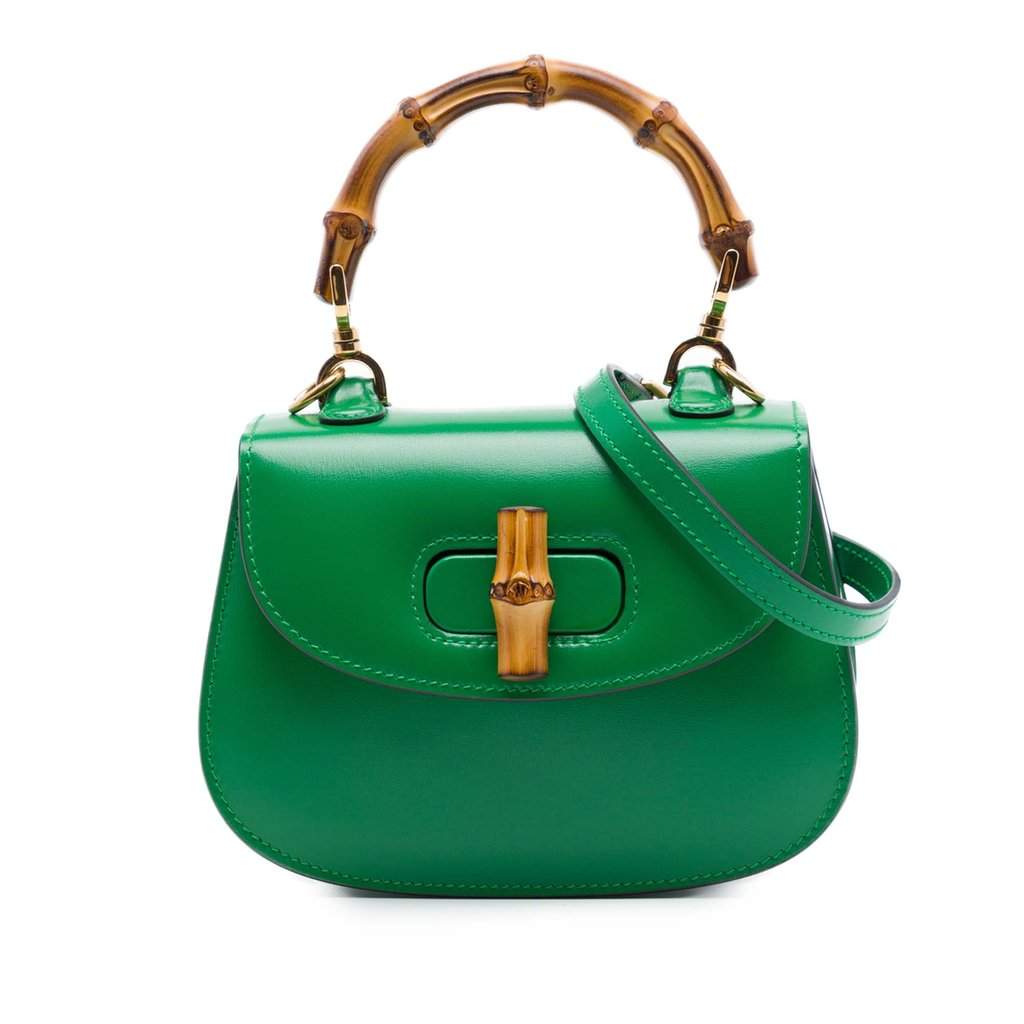 Gucci Mini Calfskin 1947 Bamboo Top Handle Bag Green Leather Very good condition - Front View