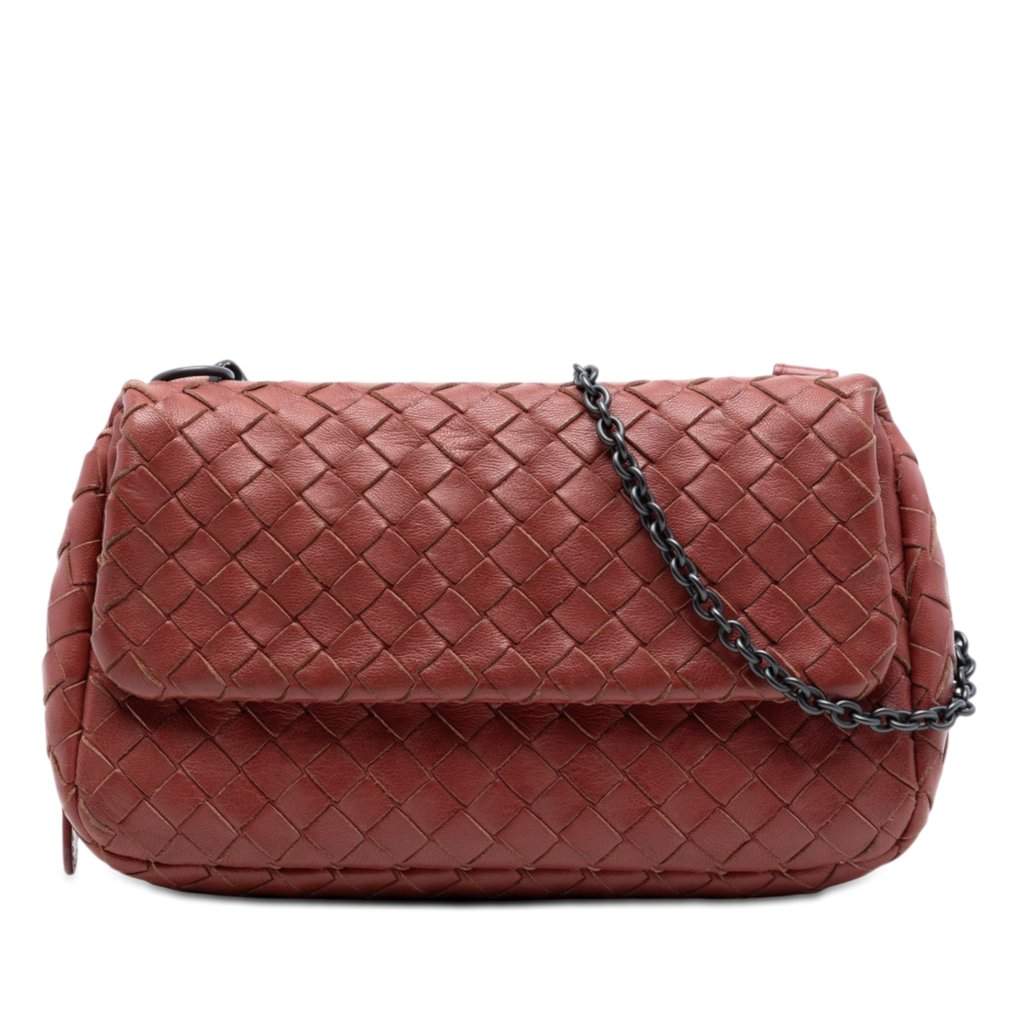 Bottega Veneta Mini Nappa Intrecciato Expandable Chain Flap Crossbody Red Leather Very good - Front View