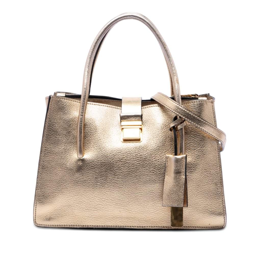 Miu Miu Metallic Goatskin Madras Push Lock Tote Gold Leather Very good - Front View
