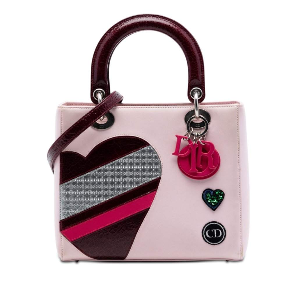 Dior Medium Calfskin Patent Embroidered Valentines Day Heart Lady Dior Pink Leather Very good condition - Front View