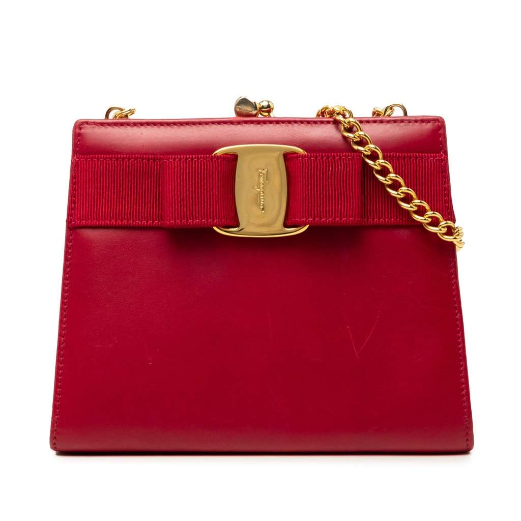 Ferragamo Leather Vara Bow Kiss Lock Chain Crossbody Red Leather Very good - Front View