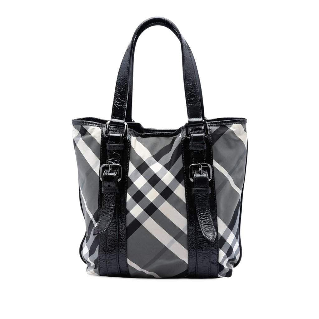 Burberry Small Beat Check Nylon Victoria Tote Black Very good condition - Front View