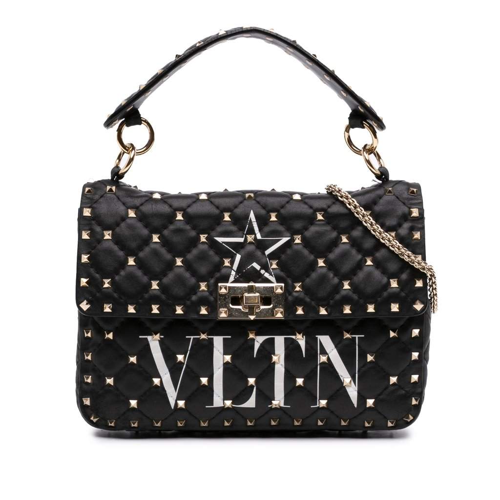 Valentino Medium Lambskin VLTN Rockstud Spike Satchel Black Leather Very good - Front View