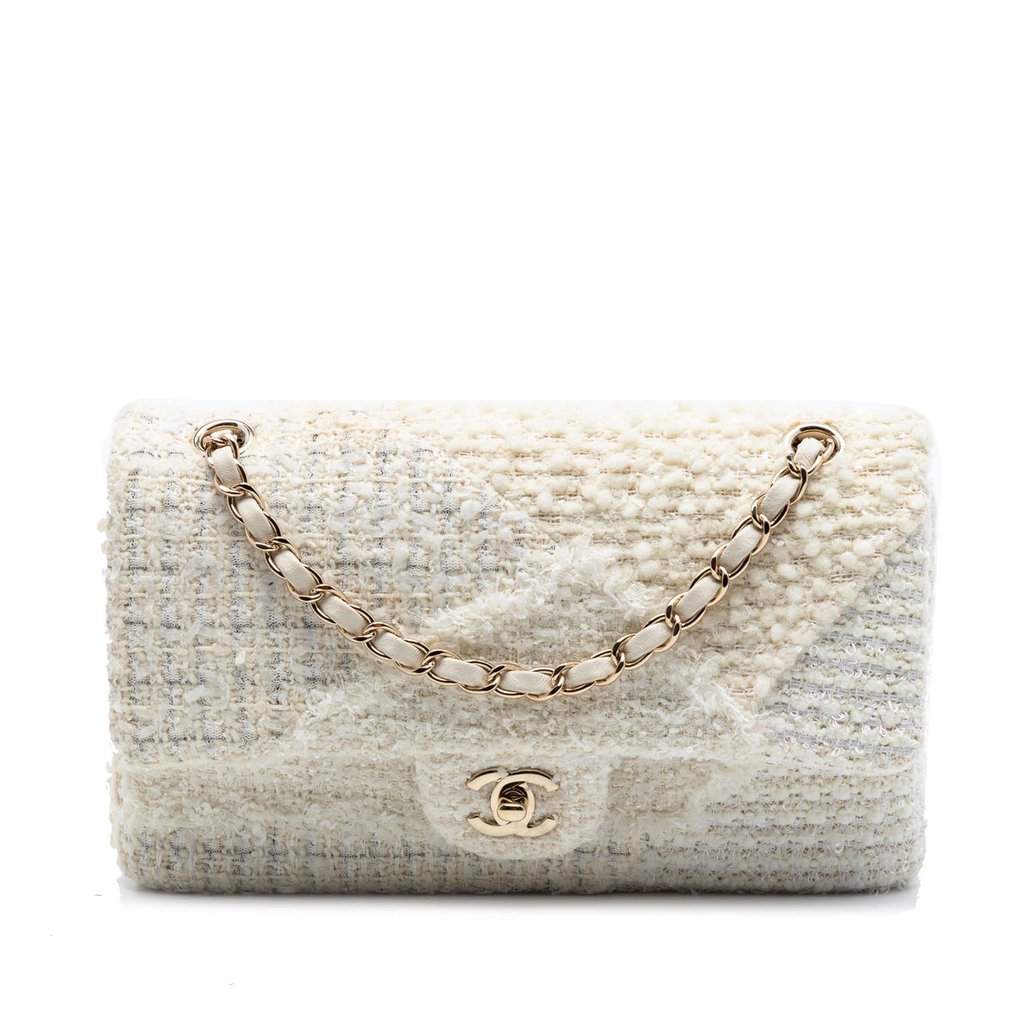 Chanel Medium Classic Tweed Patchwork Double Flap White Very good condition - Front View