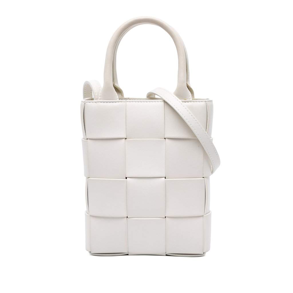 Bottega Veneta Mini Maxi Intrecciato Nappa North South Casette Tote White Leather Very good condition - Front View