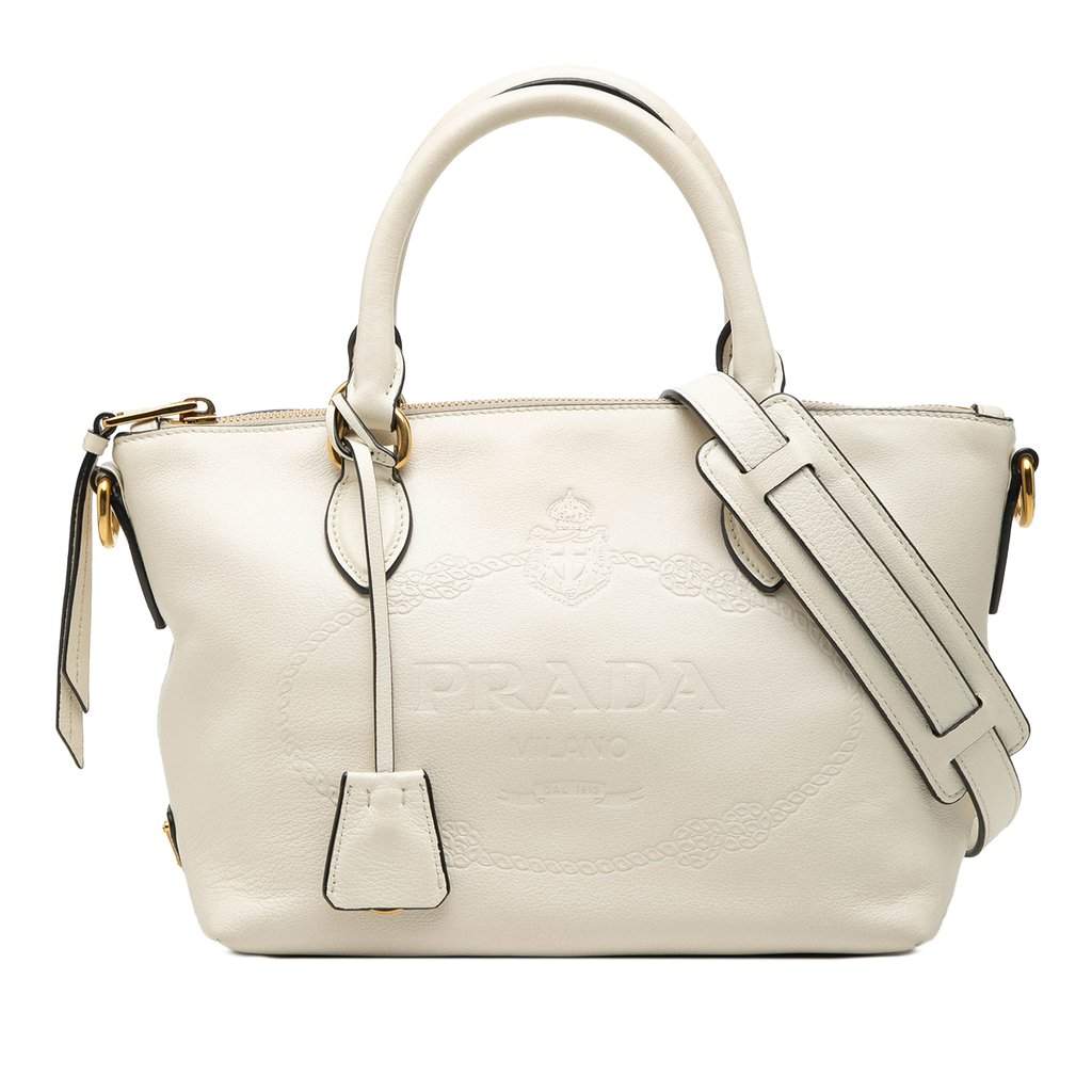 Prada Small Embossed Glace Calf Logo Convertible Satchel White Leather Very good condition - Front View