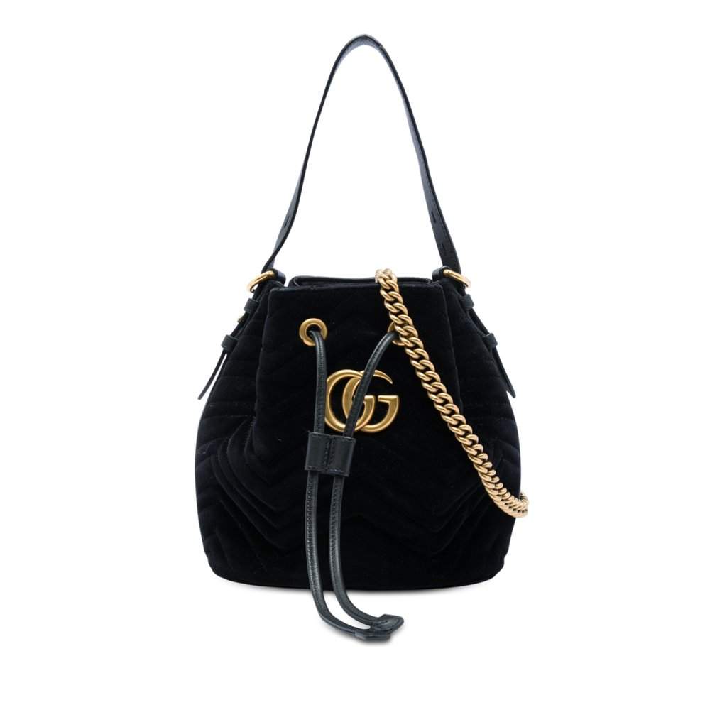 Gucci GG Marmont 2.0 Matelasse Velvet Bucket Bag Black Very good - Front View