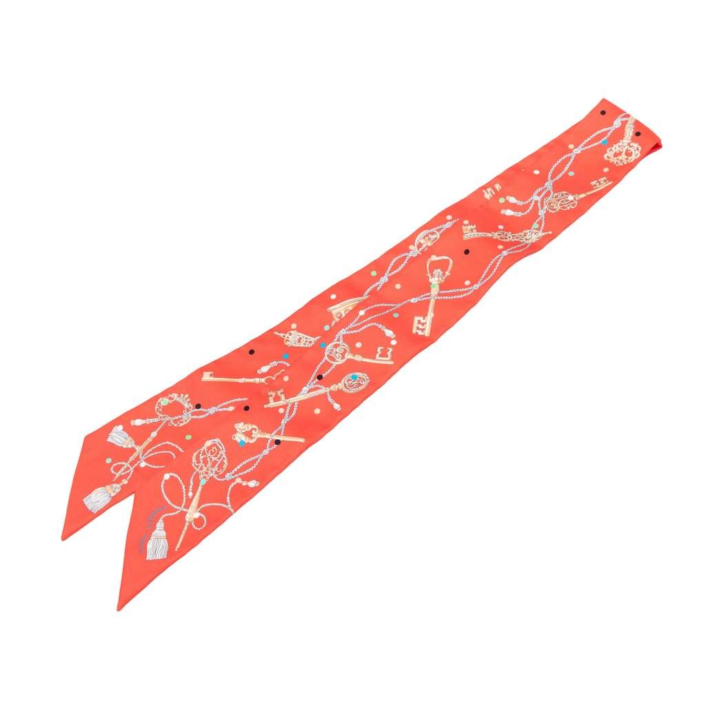 Hermès Les Cles a Pois Silk Twilly Scarf Red Never worn - Front View