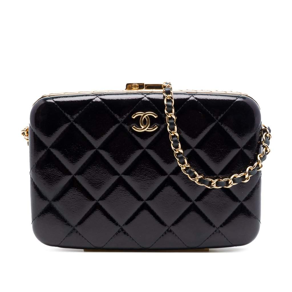 Chanel Large Glazed Goatskin Box With Chain Black Leather Very good - Front View