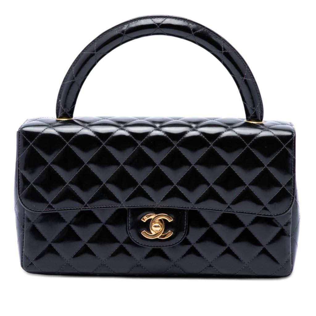 Chanel Medium CC Quilted Patent Rectangular Kelly Top Handle Bag Black Leather Very good condition - Front View