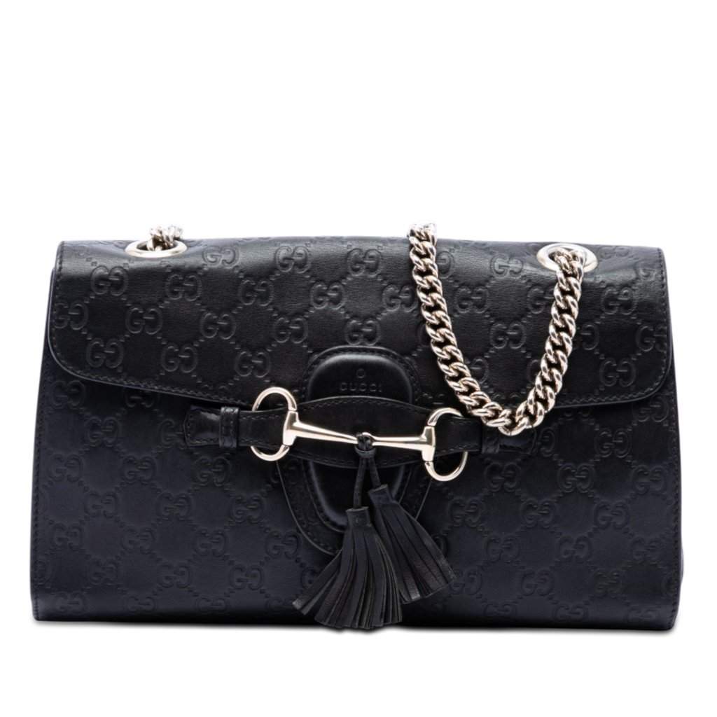 Gucci Medium Guccissima Emily Shoulder Bag Black Leather Very good condition - Front View