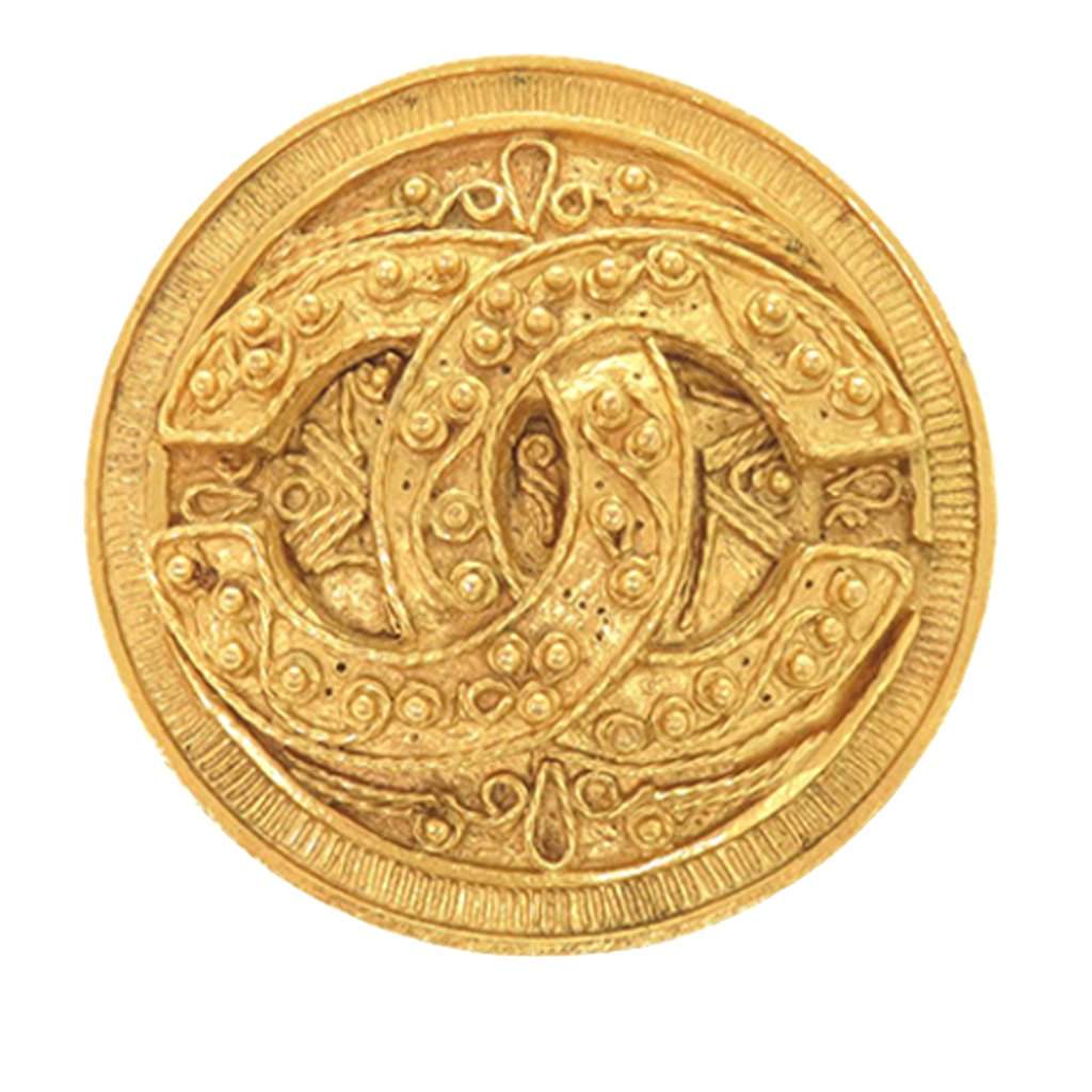 Chanel CC Gold Plated Medallion Pin Brooch Gold Metal Very good condition - Front View