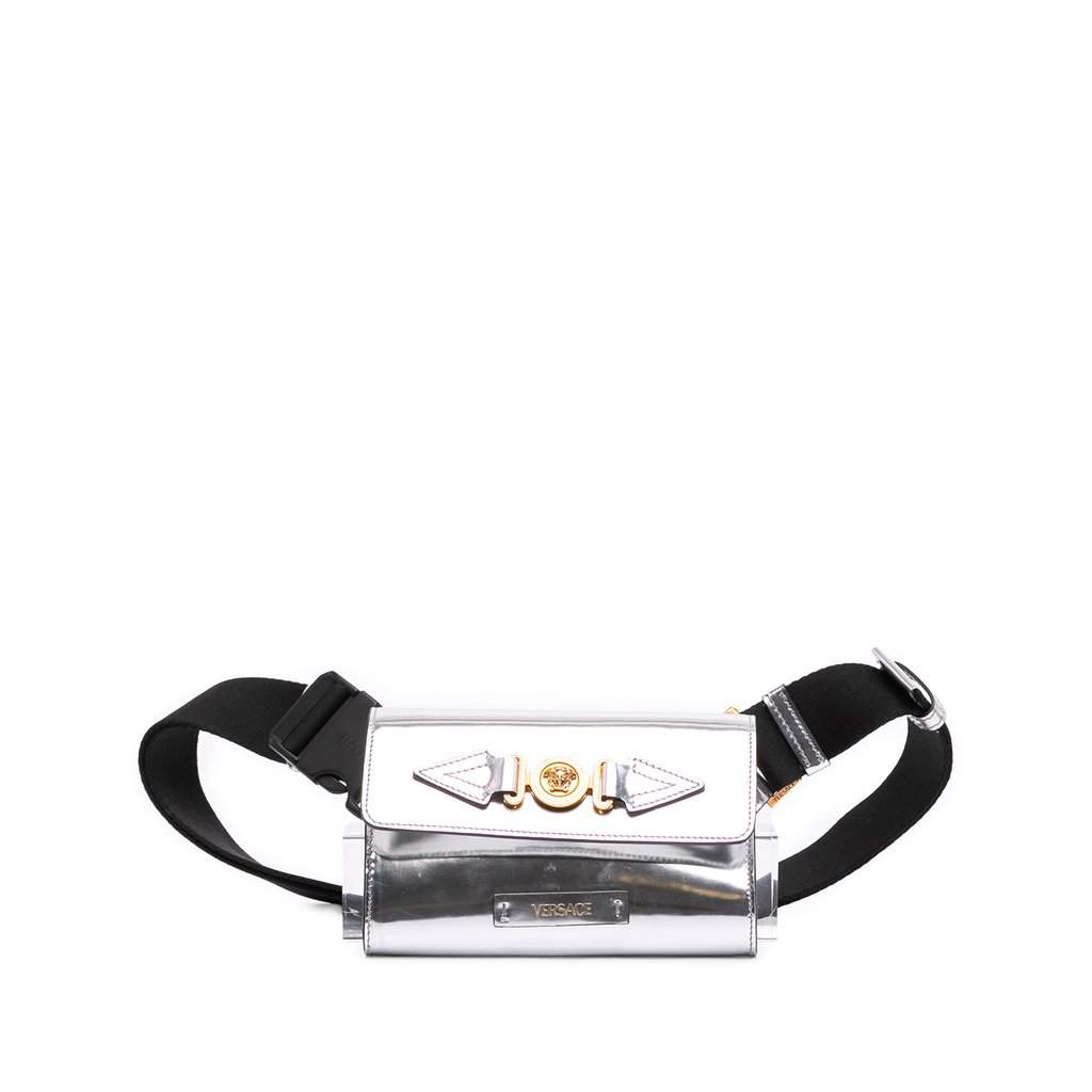 Versace Metallic Calfskin La Medusa Biggie Belt Bag Silver Leather Very good condition - Front View