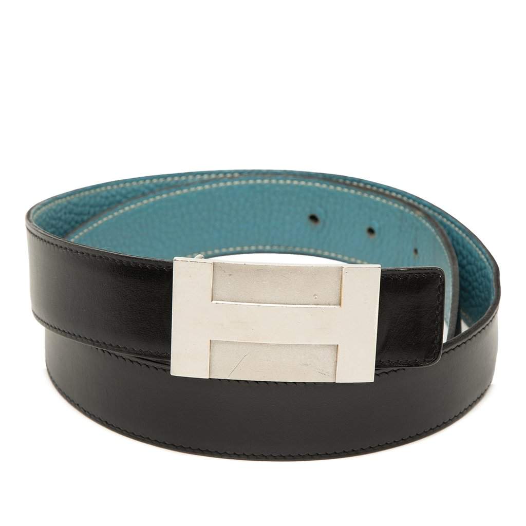 Hermès Box Calf and Togo H Plate Reversible Belt Black Leather Very good - Front View