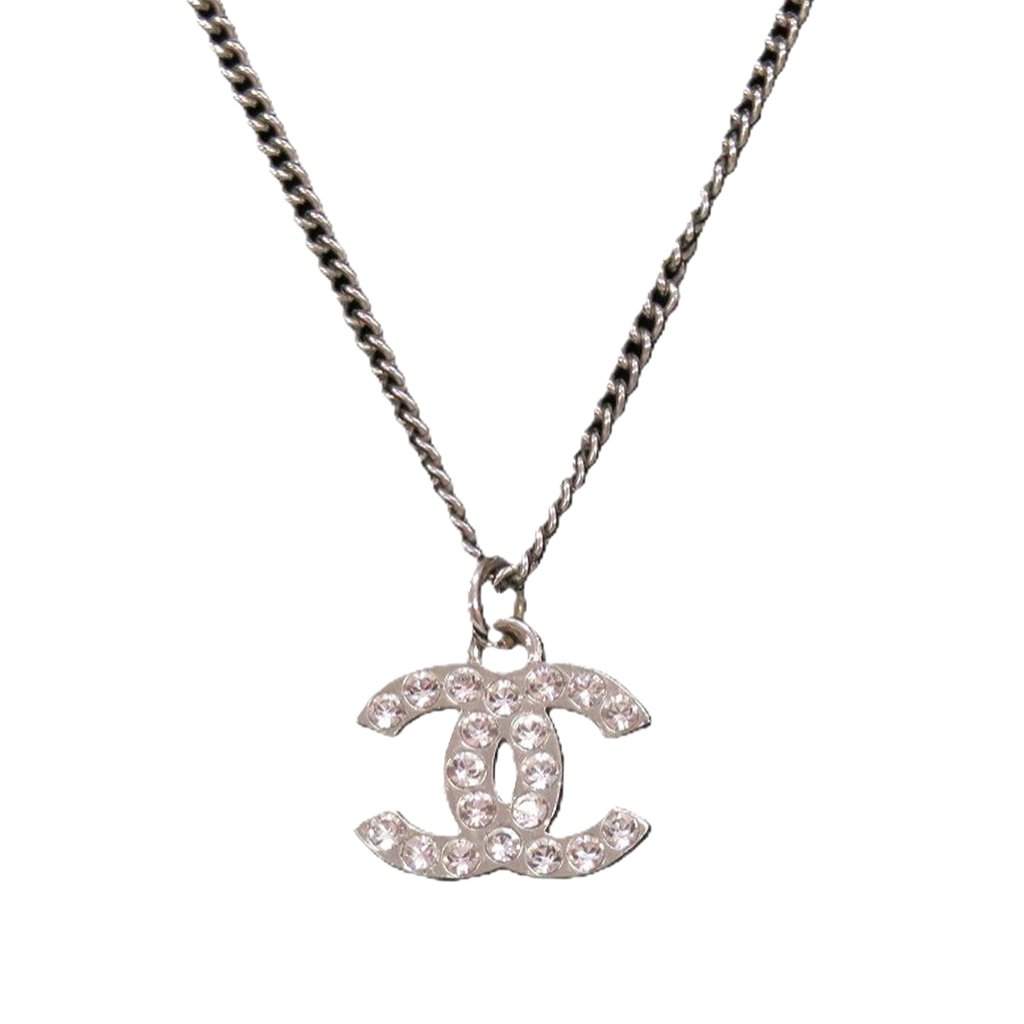 Chanel CC Brass and Strass Pendant Necklace Silver Metal Very good condition - Front View