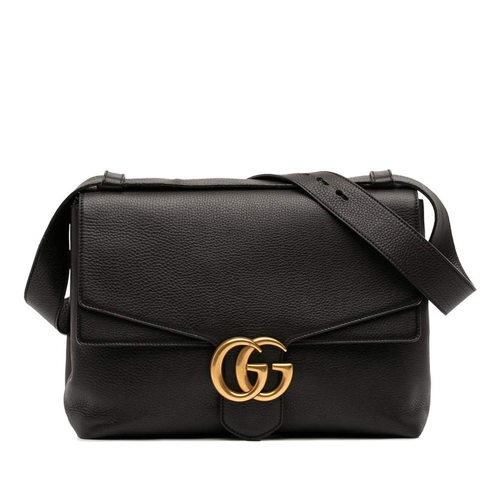 Gucci Large GG Marmont Pebbled Calfskin Flap Shoulder Bag Black Leather Very good condition - Front View