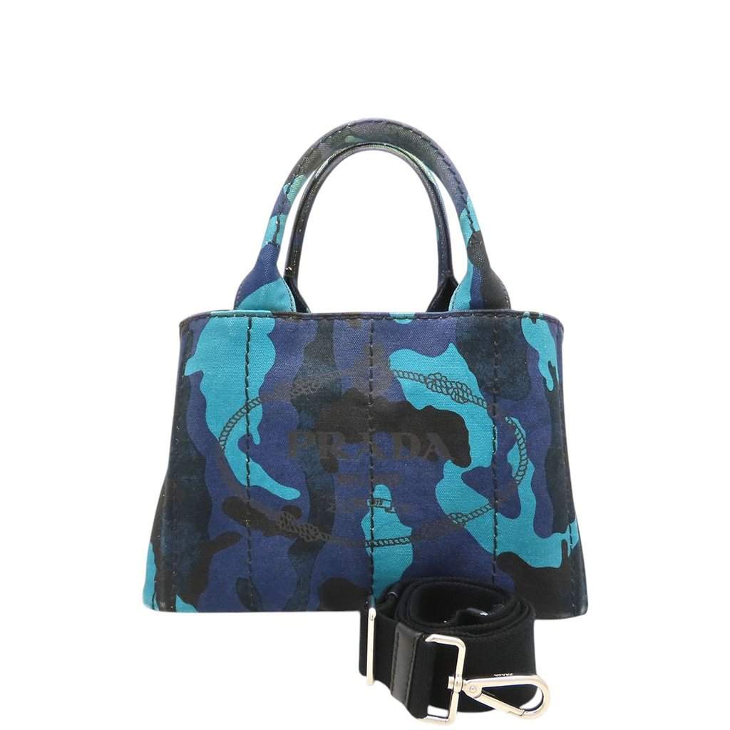 Prada Small Canvas Canapa Logo Camouflage Satchel Blue Very good condition - Front View