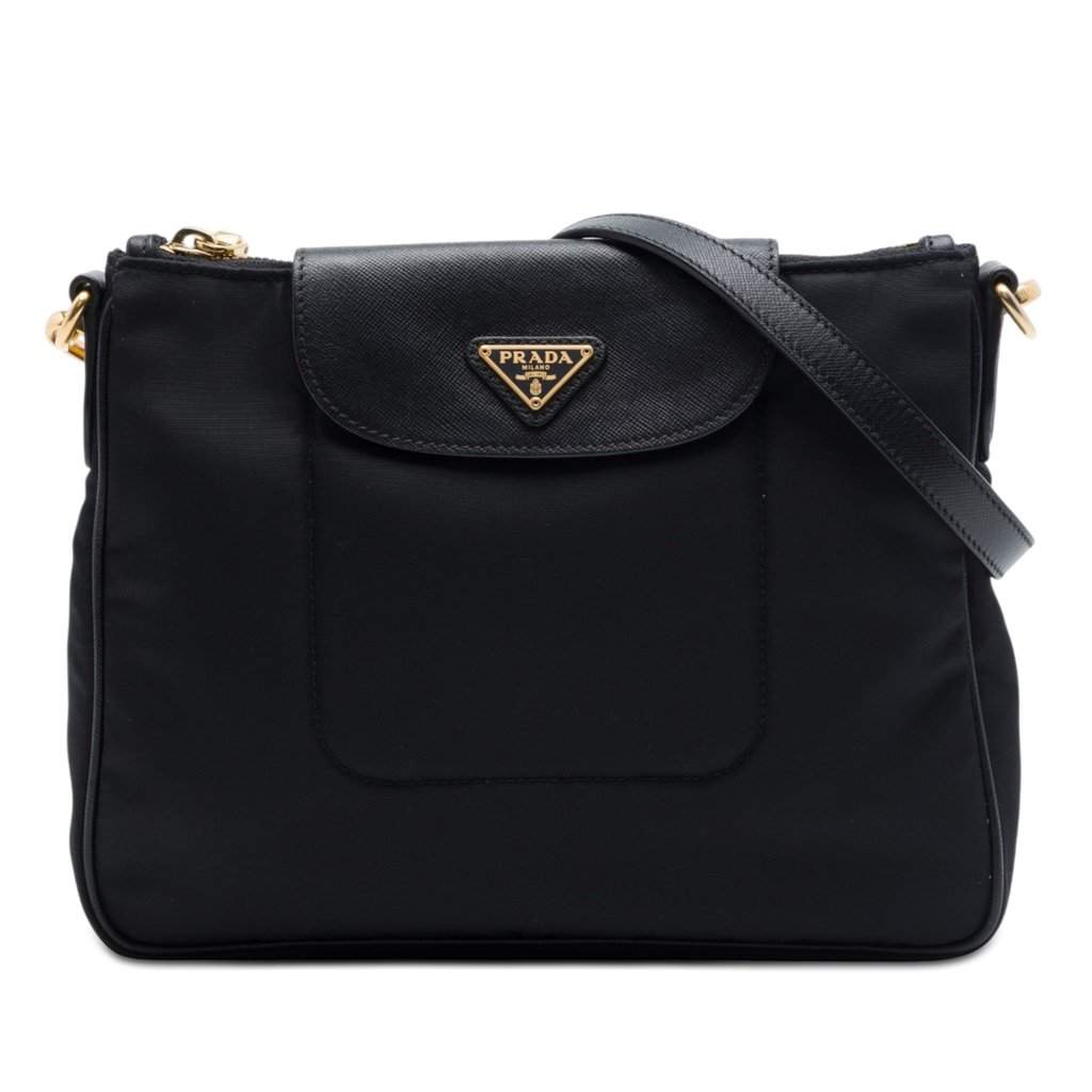 Prada Saffiano Trimmed Tessuto Crossbody Black Very good - Front View