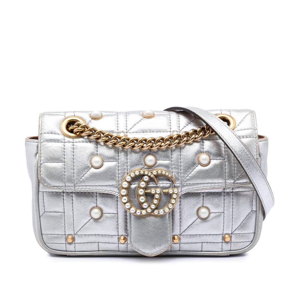 Gucci Small Pearly GG Marmont Pearl Studded Matelasse Leather Shoulder Bag Silver Leather Very good condition - Front View