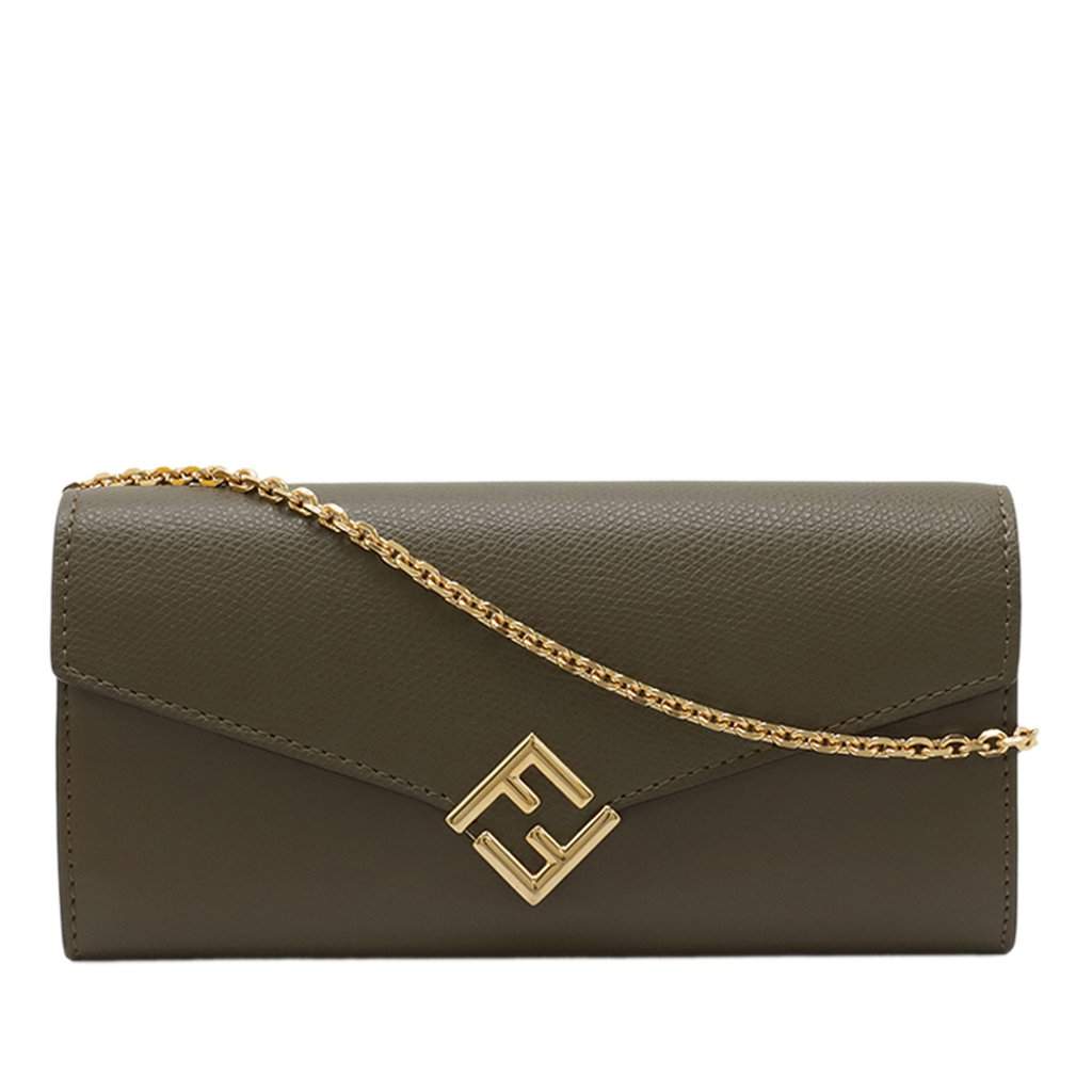 Fendi Smooth and Grained Calfskin Vitello King Cruise FF Diamonds Continental Envelope Wallet On Chain Brown Leather Very good - Front View