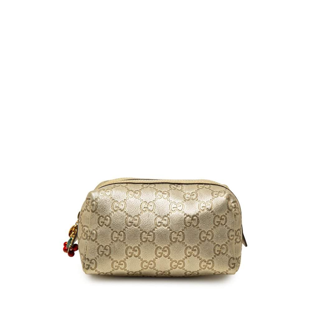 Gucci Metallic Guccissima Cosmetic Pouch Gold Leather Very good condition - Front View