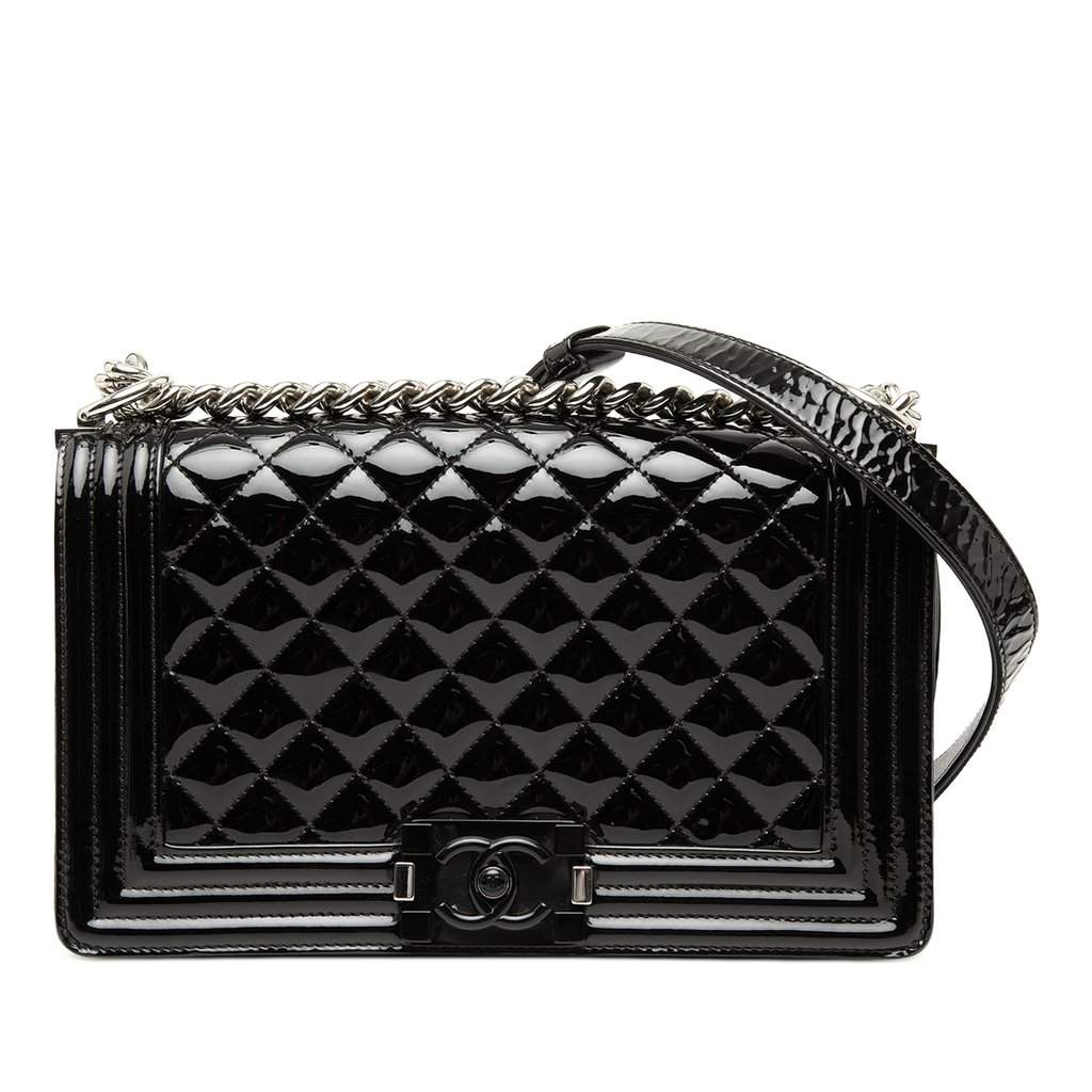 Chanel Old Medium Quilted Patent Acrylic Boy Flap Black Leather Very good - Front View