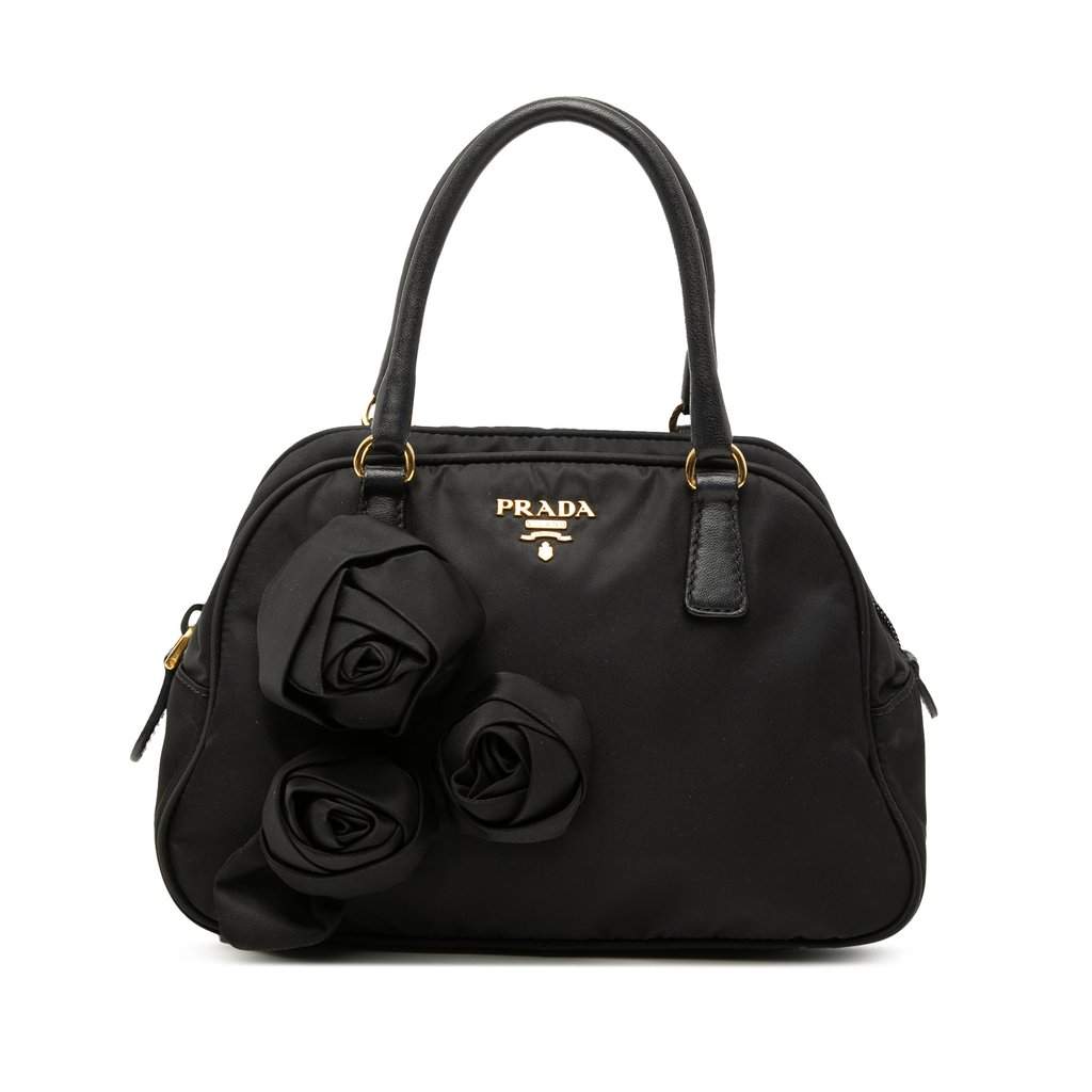 Prada Rose Embellished Tessuto Handbag Black Very good condition - Front View