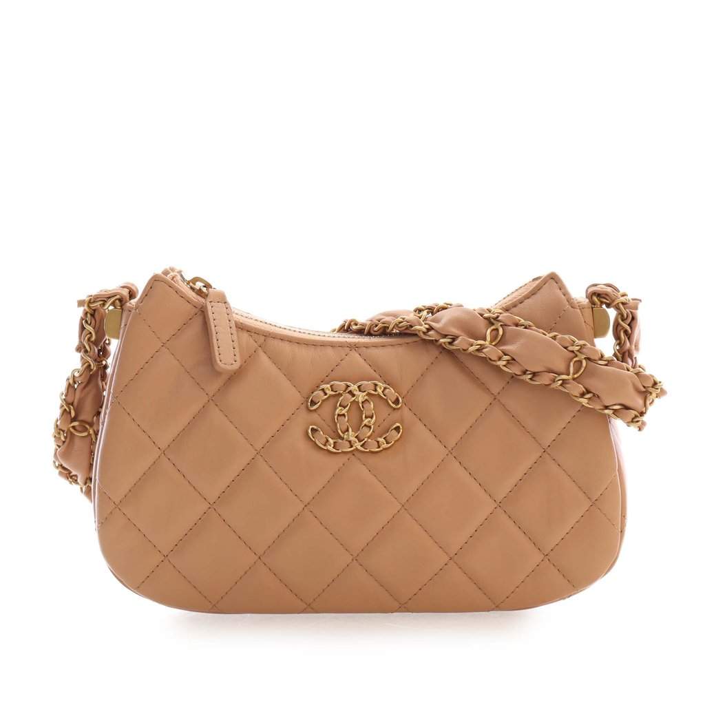 Chanel Small Quilted Aged Calfskin Chanel 19 Hobo Beige Leather Very good - Front View