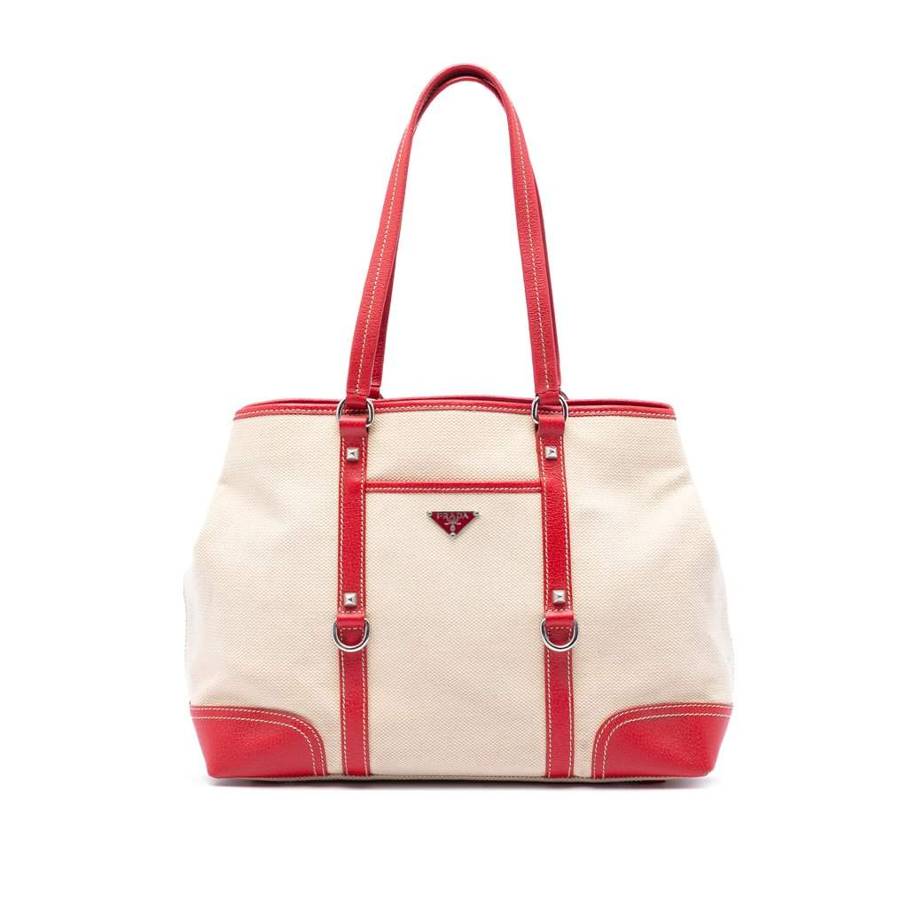 Prada Studded Leather Trimmed Canvas Front Pocket Tote Beige Very good condition - Front View