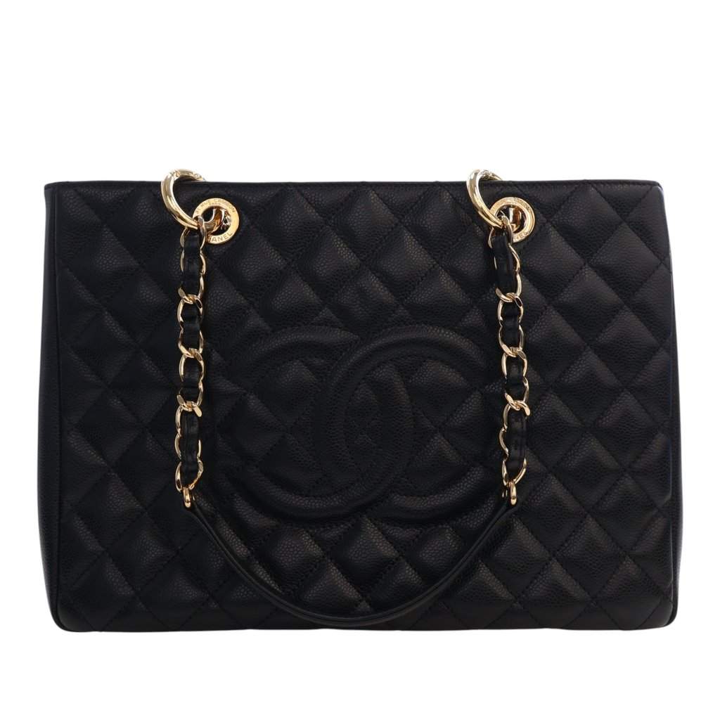 Chanel Caviar Grand Shopping Tote Black Leather Very good - Front View